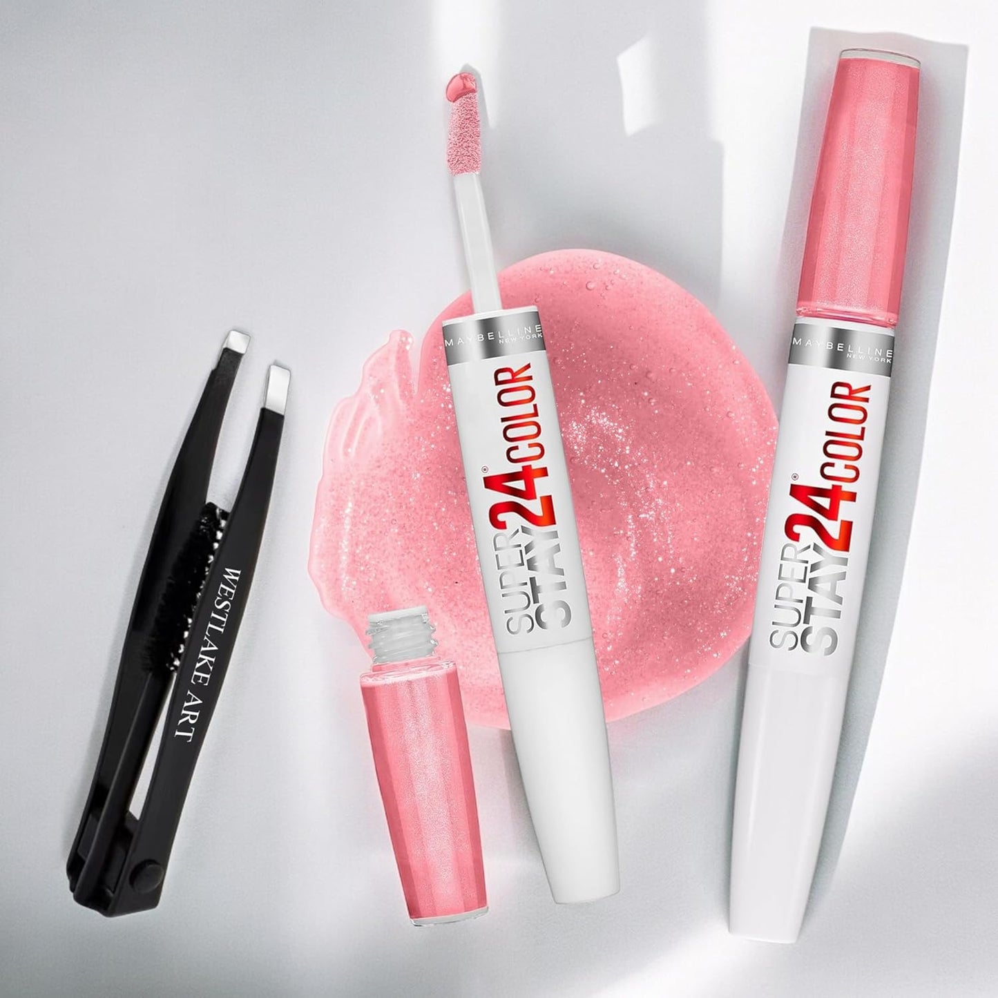 Bundle of Double Sided Eyebrow Eyelash Tweezers -, and Superstay 24 2-Step Liquid Lipstick Makeup, so Pearly Pink, 1 Ki, Pack of 1