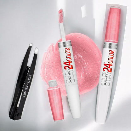 Bundle of Double Sided Eyebrow Eyelash Tweezers -, and Superstay 24 2-Step Liquid Lipstick Makeup, so Pearly Pink, 1 Ki, Pack of 1